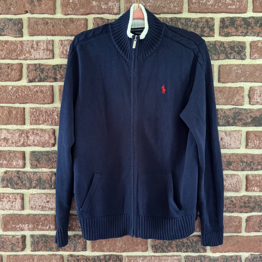 Ralph Lauren Sport Mens XL Full Zip Cardigan Sweater Navy Blue Cotton Mock Neck